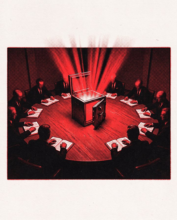 An open strongbox at the centre of a council table, light pouring out of it