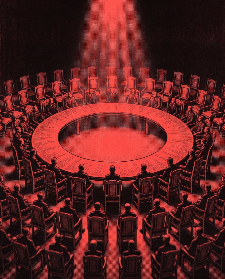 A ring of one hundred chairs around a round council table under a single shaft of light