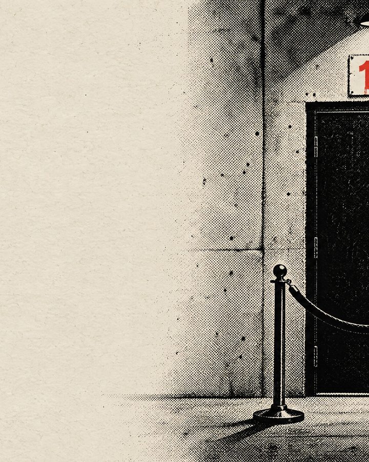A velvet rope in front of a closed black door under a small red sign
